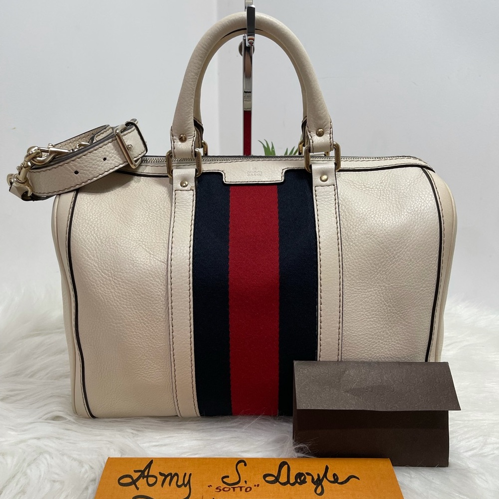 White Leather Web Boston Bag Medium